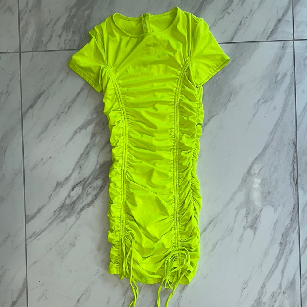 Neon Yellow Ruched Mini Dress